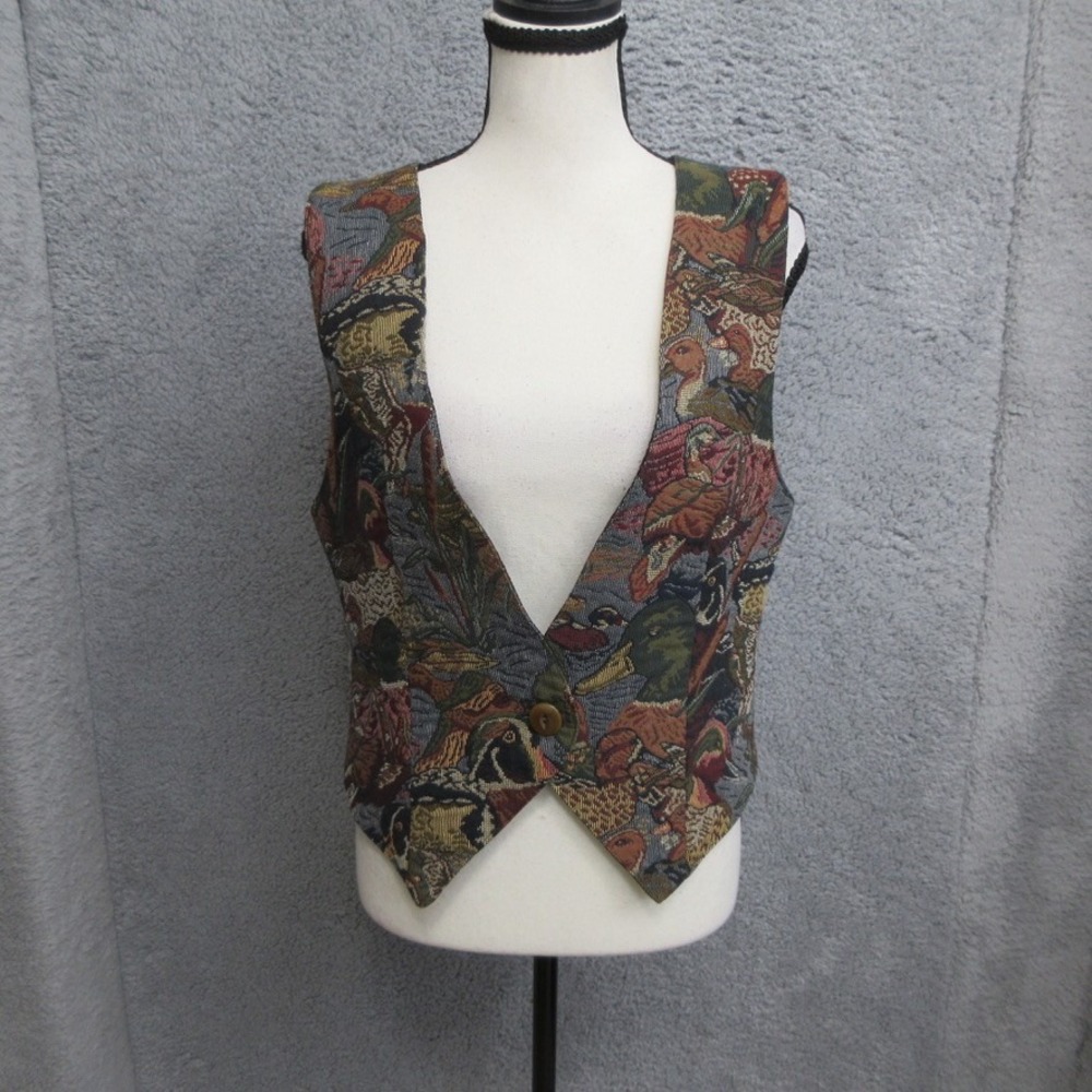 Vtg Sharon Young Tapestry Vest Women S Brown Duck Print Whimsigoth Dark Academia